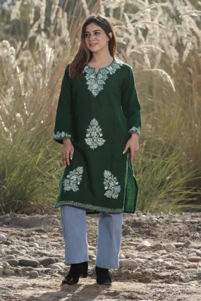 AMAZING BOTTLE GREEN COLOUR AARI WORK EMBROIDERED KURTI WITH NEW DESIGNER FLOREL PATTERN