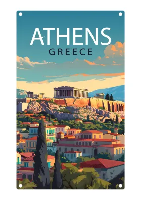 Athens Greece Acropolis Cityscape Design Souvenir Metal Sign 9 x 15