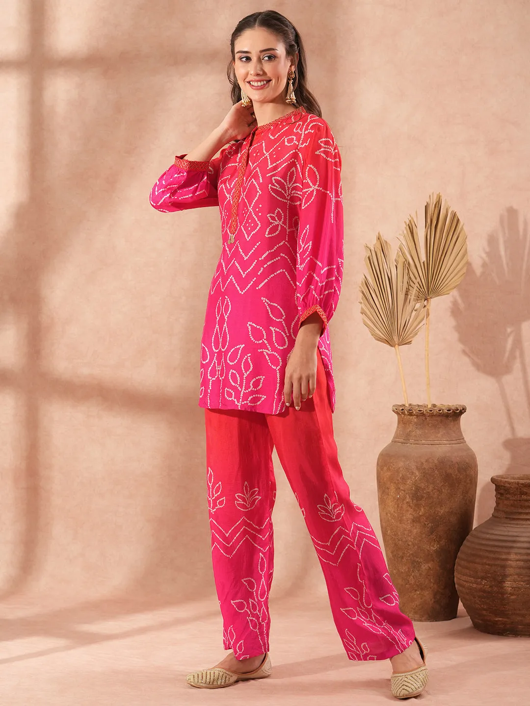 Bandhani Printed & Ombre Embroidered Straight Fit Co-ord Set - Pink