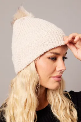 Beige Faux Fur Pom Pom Beanie