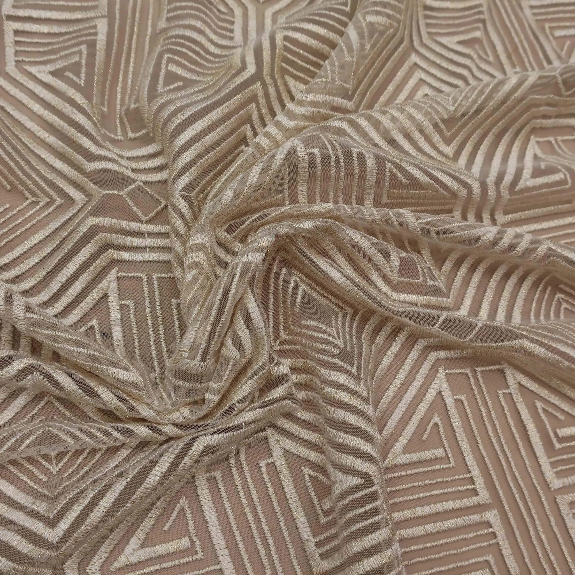 Beige Geometric Embroidered Tulle Fabric