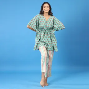 Blossoms with Contrast Stripes on Blue Kaftan Pyjama