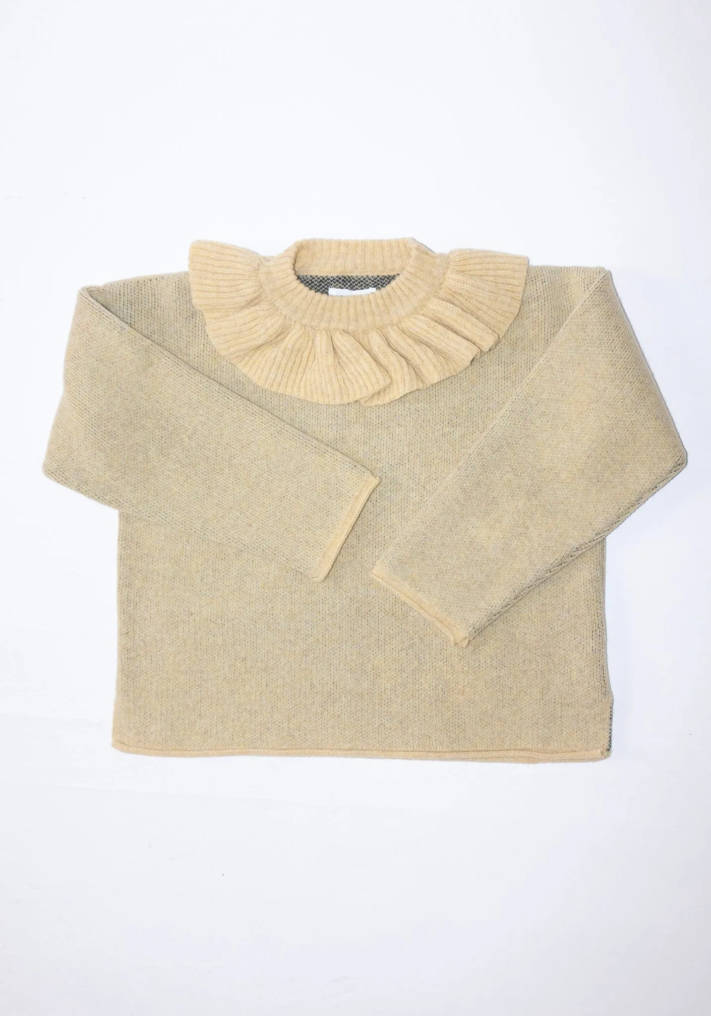 British Lambswool Ruffle Neck Pullover Sweater in Buttermilk