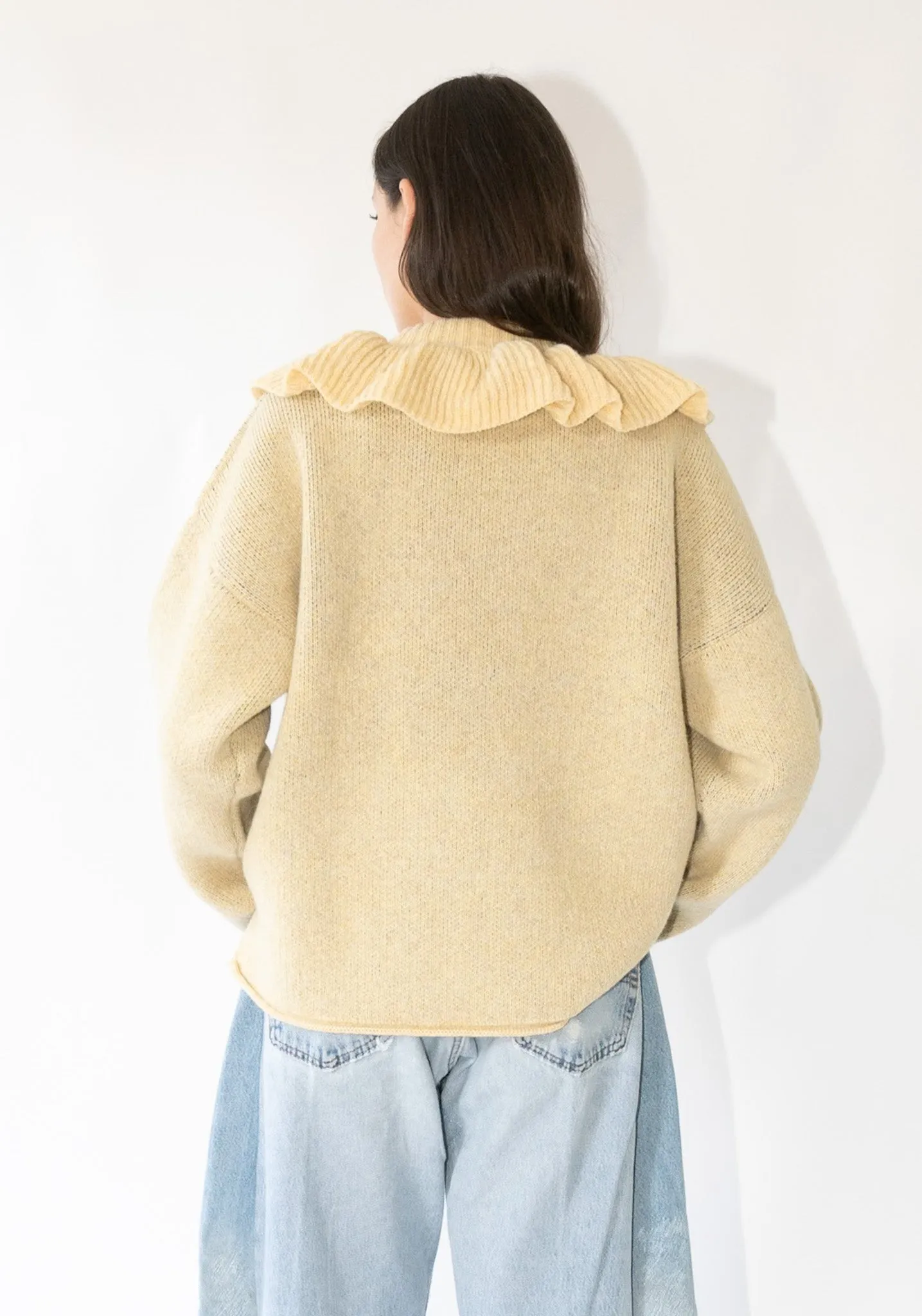 British Lambswool Ruffle Neck Pullover Sweater in Buttermilk