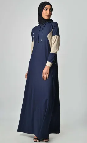 Comfy Color Contast Jersey Abaya - Navy