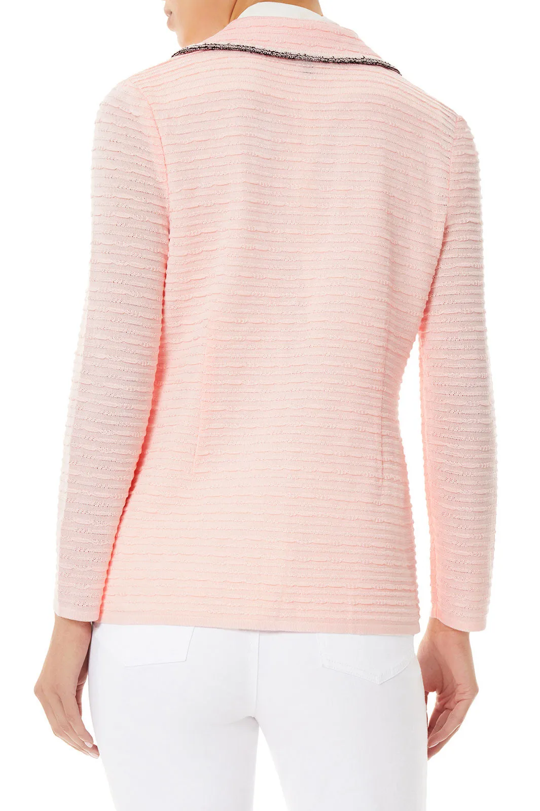 Contrast Trim Textured Knit Jacket, Pink Satin