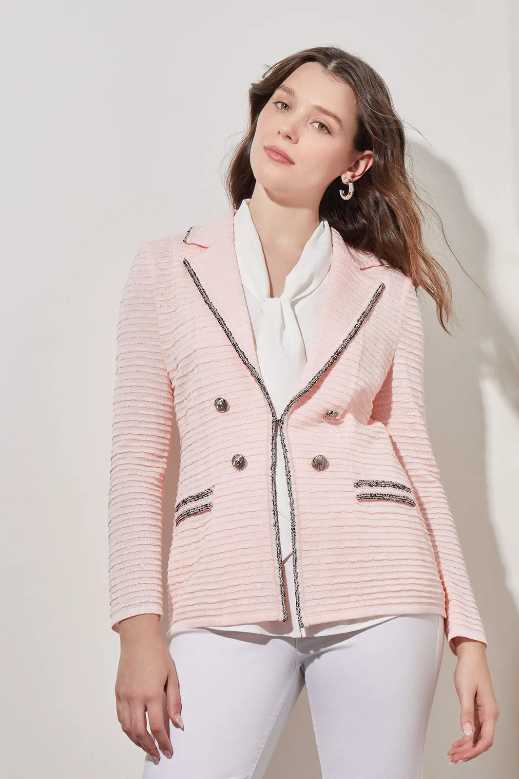 Contrast Trim Textured Knit Jacket, Pink Satin