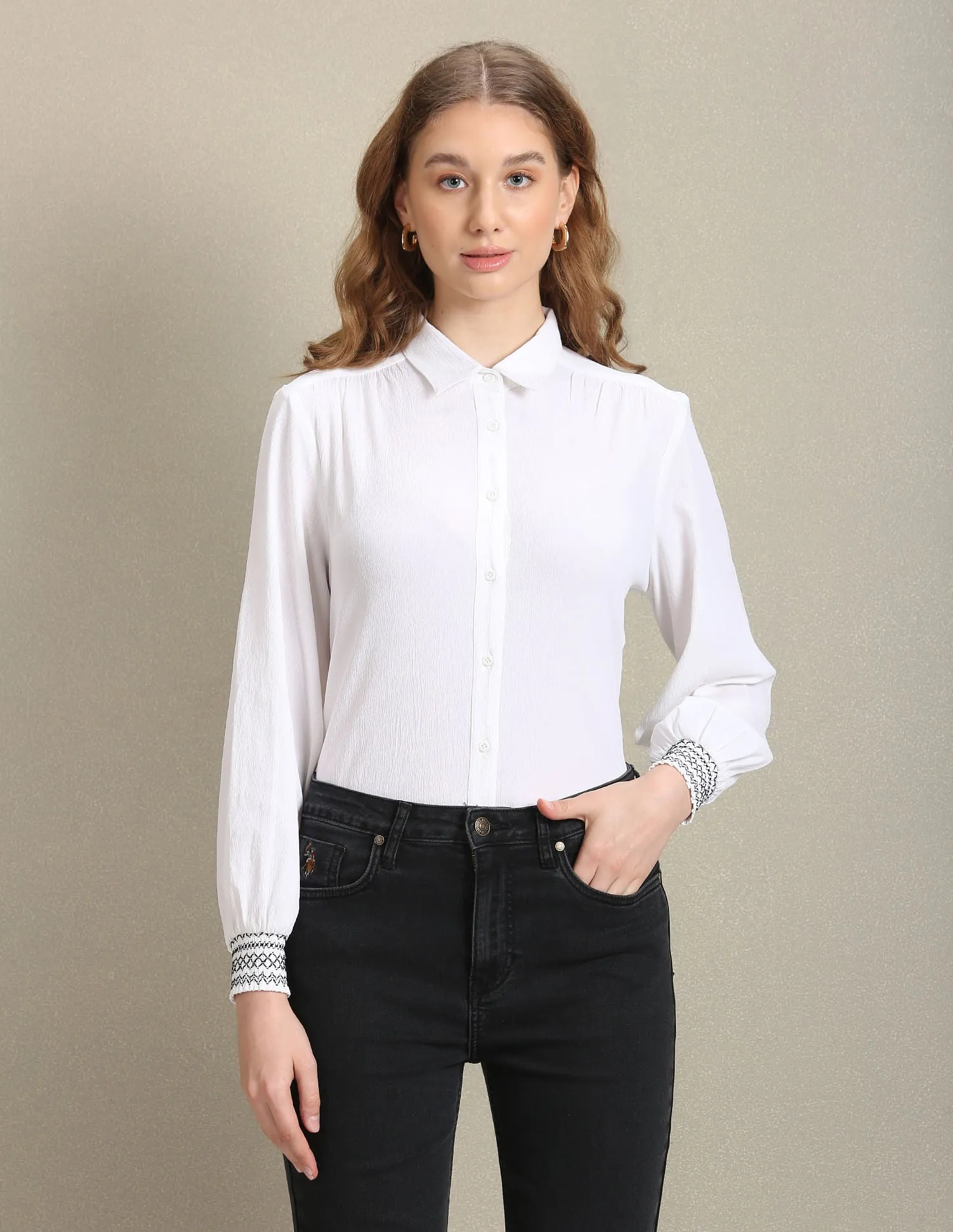 Embroidered Cuff Solid Shirt