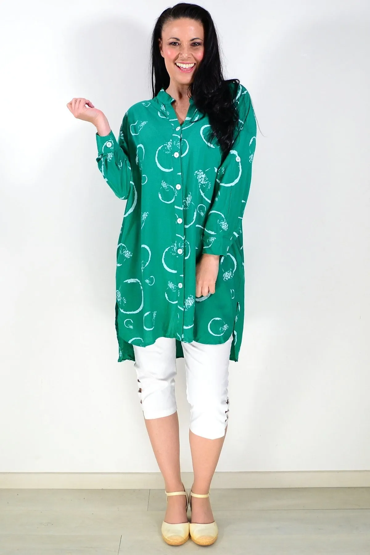 Green Uneven Hem Tunic Shirt