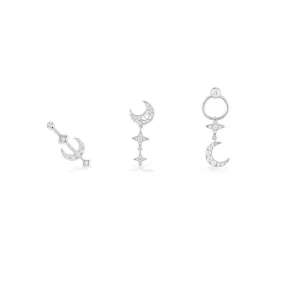 Moon & Stars Stud Set - White Silver