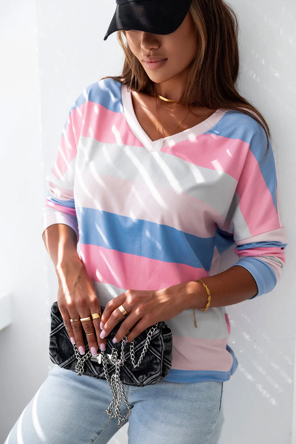 Pink Contrast Striped V Neck Long Sleeve Top