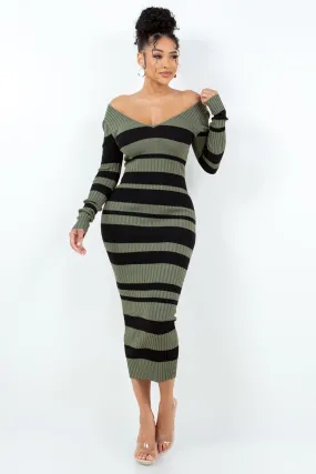 V Cut Off Shoulder Striped Dress