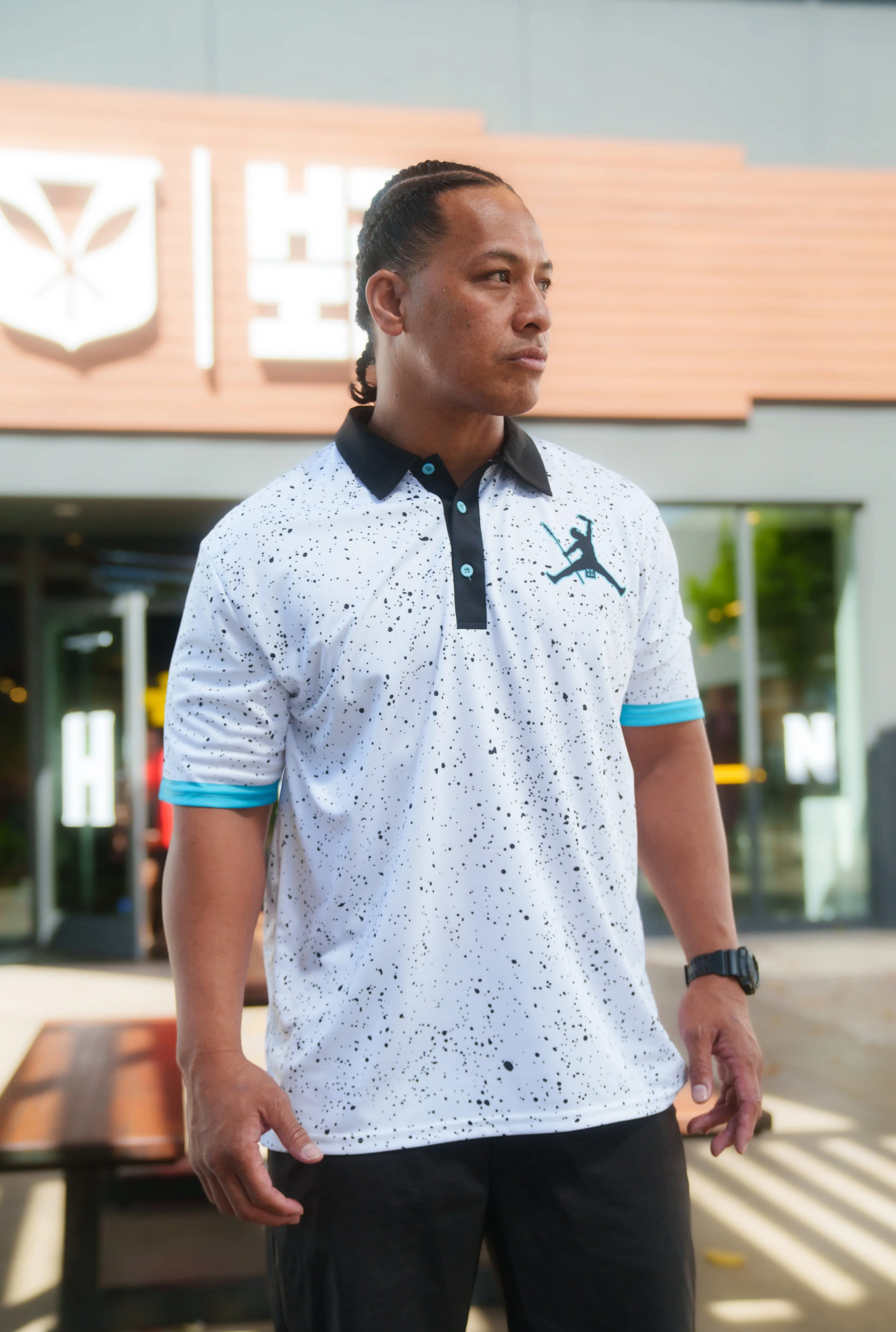 WHITE & TEAL KANAKA JUMPMAN GOLF SHIRT