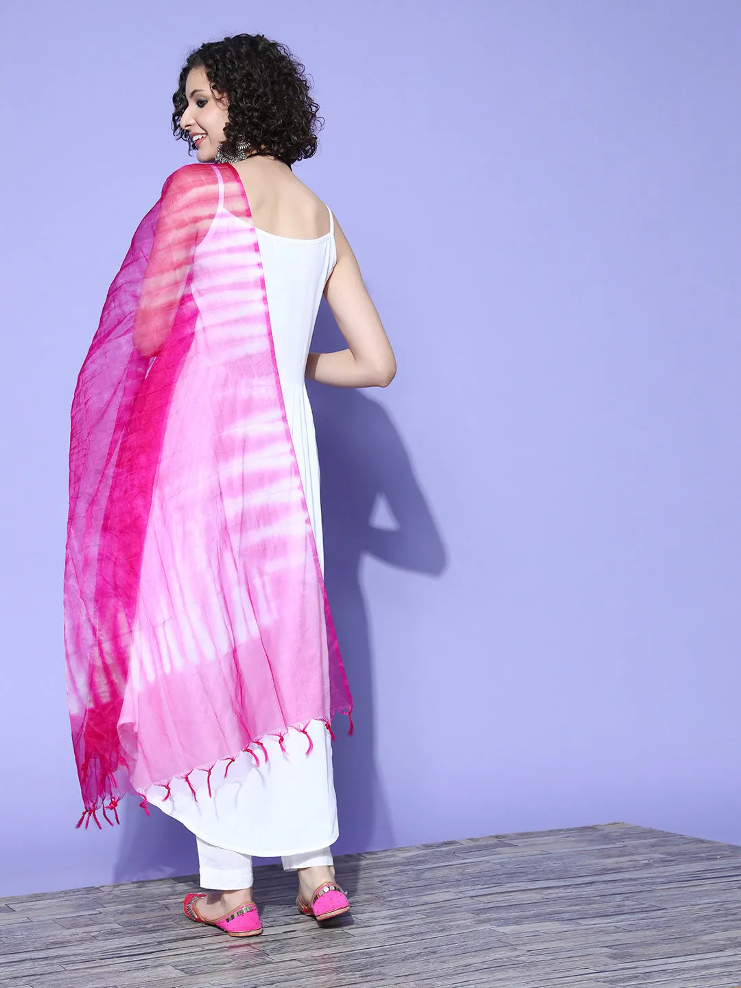 White Strappy Kurta With Pink  Dupatta