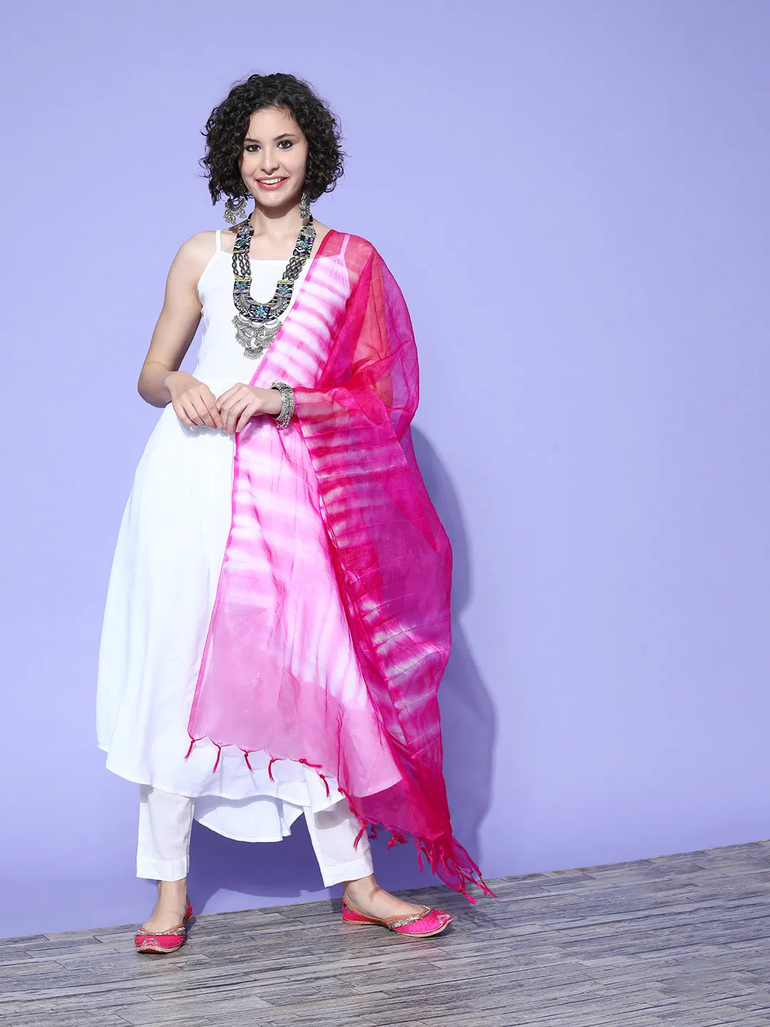 White Strappy Kurta With Pink  Dupatta